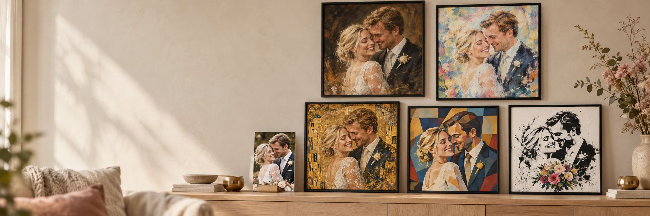 Een trouwfoto op een dressoir, met daarboven vijf ingelijste kunstversies van hetzelfde bruidspaar: klassiek, impressionistisch, goud en ornament, kubistisch en streetart.
