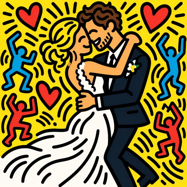 Het voorbeeldpaar als dansende lijnfiguren op een gele achtergrond met harten en figuurtjes.