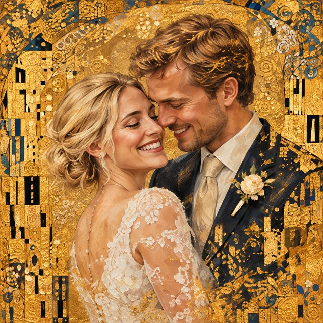 Het voorbeeldpaar omringd door gouden patronen en decoratieve vlakken.