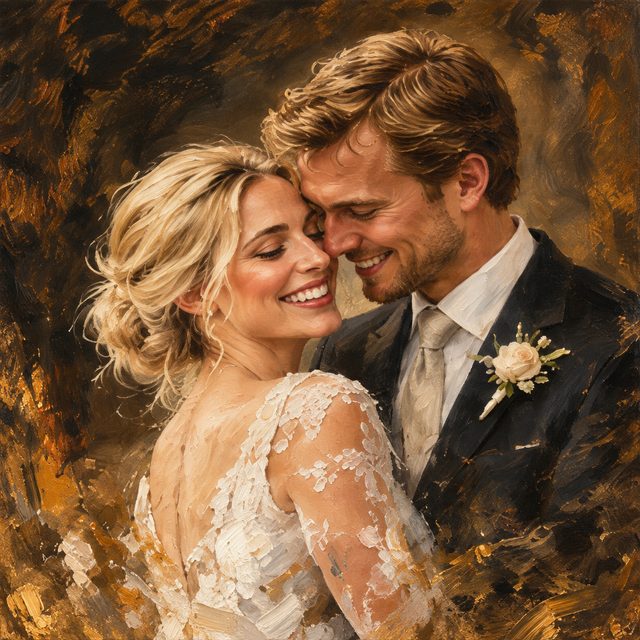 Het voorbeeldpaar als klassiek geschilderd portret met warm licht en diepe bruintinten.
