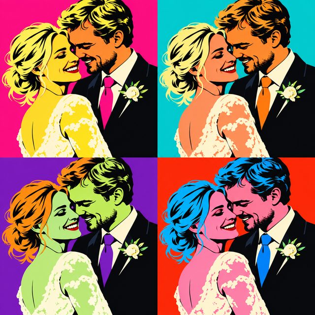 Vier herhalingen van het voorbeeldpaar in felle pop-artkleuren.