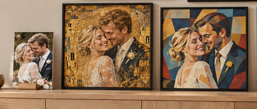 Een ingelijste trouwfoto staat op een dressoir naast twee kunstversies van hetzelfde paar: een in goud en ornament en een kubistische versie.
